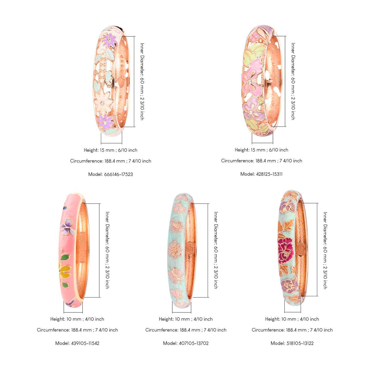 UJOY Bangles 5 Pcs Enamel Jewelry Set Rose Gold Flower Engraved Cloisonne Bracelets Pack in a Box 5PCS green pink white