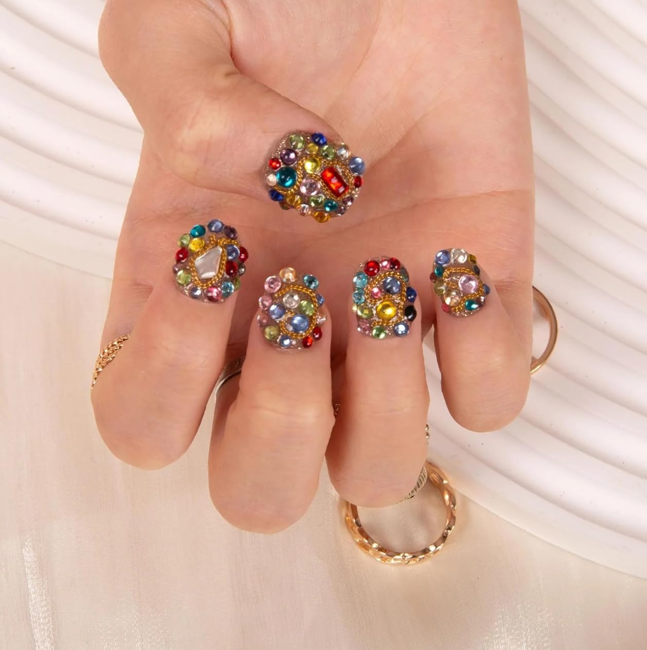 LOVFUL Reusable Press on Nails | Salon Quality Sustainable Style Handmade with Full Covered Crystals | Almond Short 0.8 in | (Precious, M)