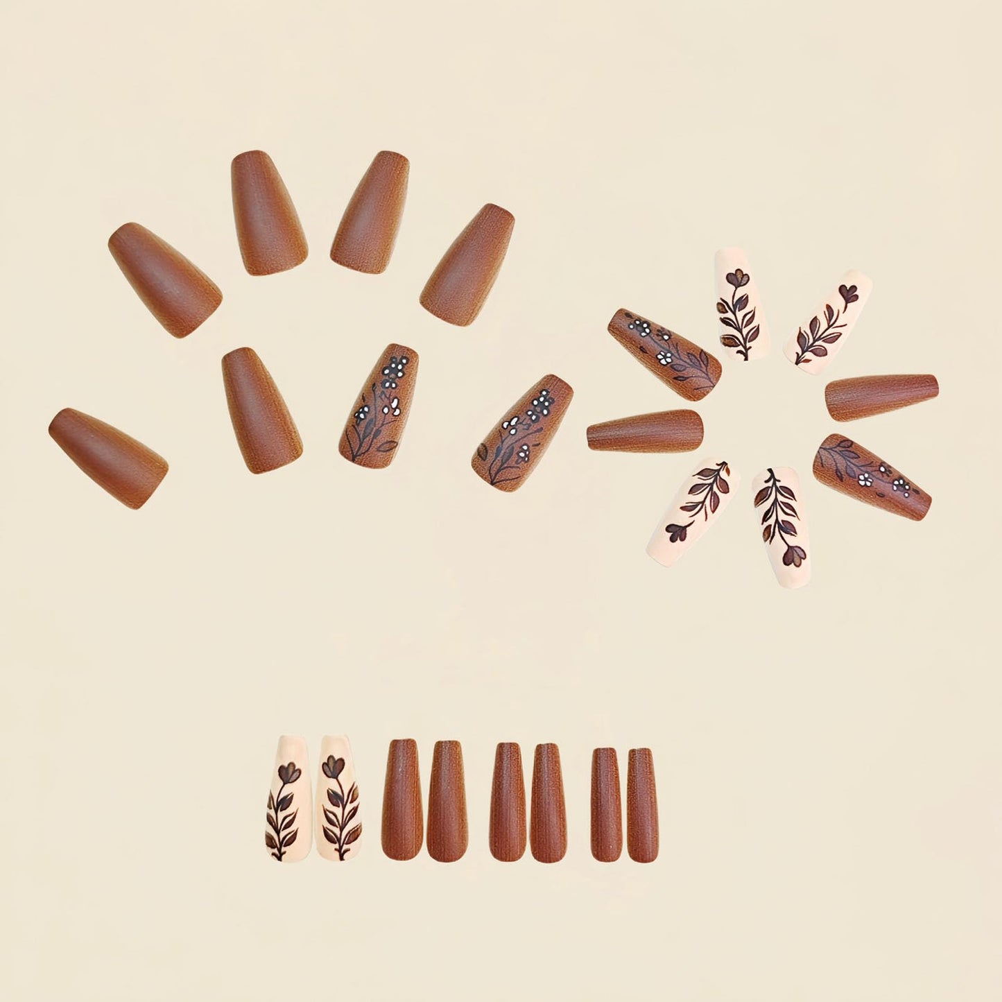 Fall Press on Nails Medium Coffin Fake Nails with Leaves Flower Designs Matte Glue on Nails Brown Nails Press ons Autumn Acrylic Artificial Stick on Nails for Women 24Pcs