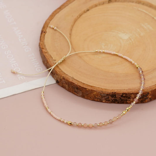 Agriajun Handmade Pink Gemstone Beaded Strand Bracelets for Women Dainty Adjustable Charm Beige String Braided Boho Gold Seed Beads Friendship Bracelets Fashion Jewelry Gift