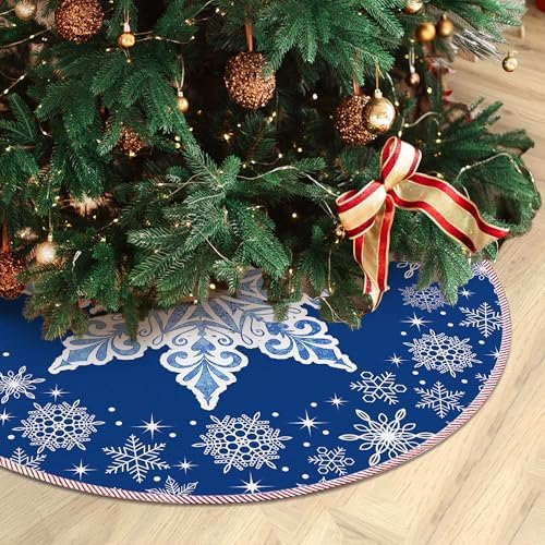 Blue Snowflake Christmas Tree Skirt 36 Inch, Blue Christmas Decorations, Winter Snowflake Xmas Tree Skirt for Home Xmas Party Winter Holiday Decor