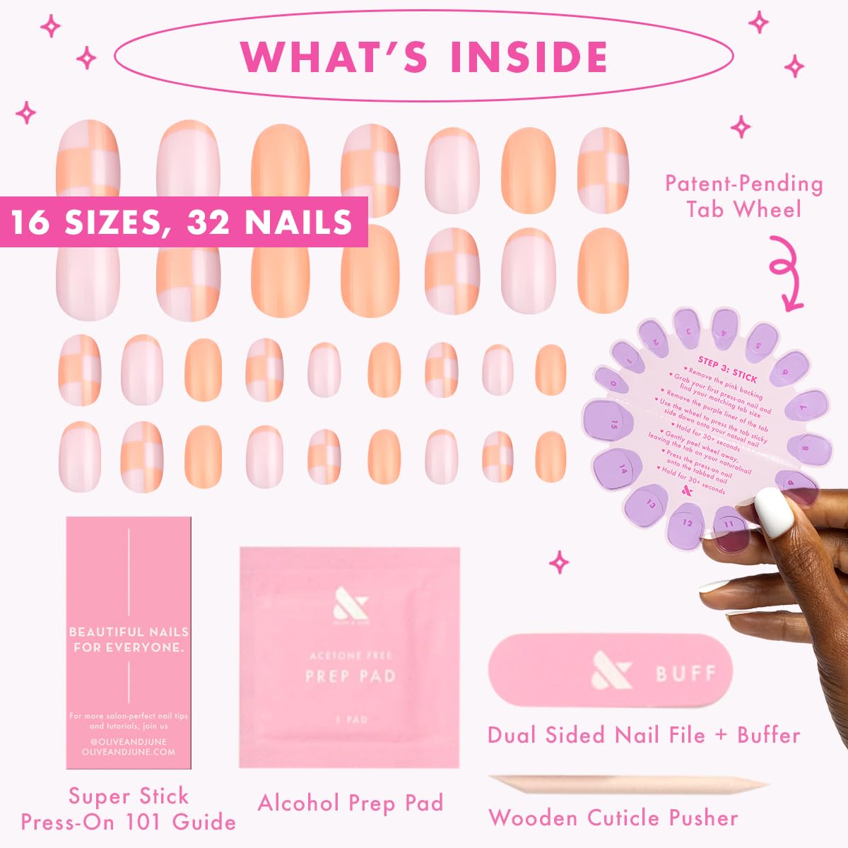 Olive & June Classic Super Stick Mani Press On Nails | No Glue Needed | 32 Tab Nails 16 Sizes | Non-Toxic Tabs Non-Damaging 7-Day Wear | Spring Flowers & Patterns | Short, Round| Sherbert Checker