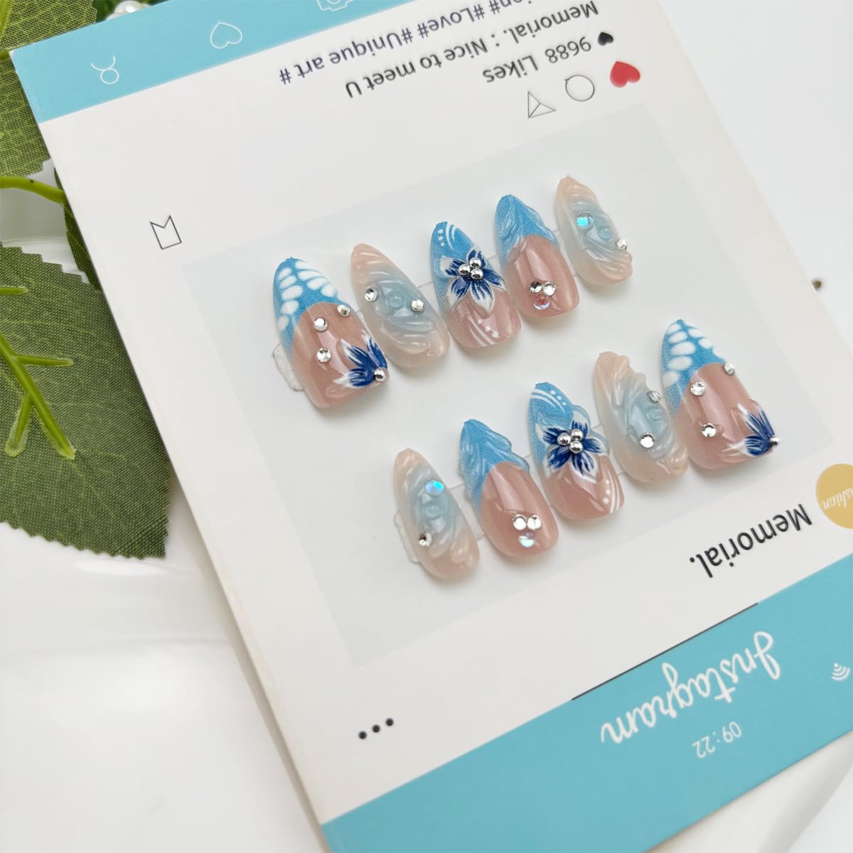 30Pcs Blue Flower Press on Nails Medium Almond Fake Nails with Sliver Beads Rhinestone Design Summer Glue on Nails Glossy Full Cover Handmade False Nails Reusable French Tip Acrylic Nails for Women