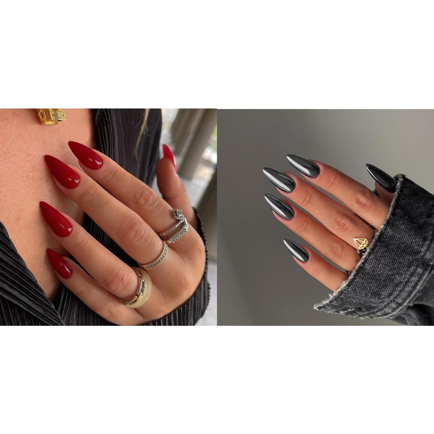 KQueenest Red Press on Nails Medium Almond Stiletto&Smoky Grey Press on Nails Medium Almond For Beach Party Daily Decoration in 48 PCS