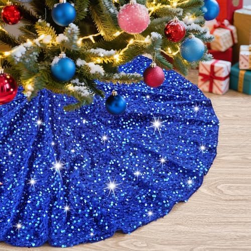 48 Inches Christmas Tree Skirt: Sequin Sparkly Tree Skirts - Royal Blue Velvet Tree Skirt for New Years Christmas Tree Decorations