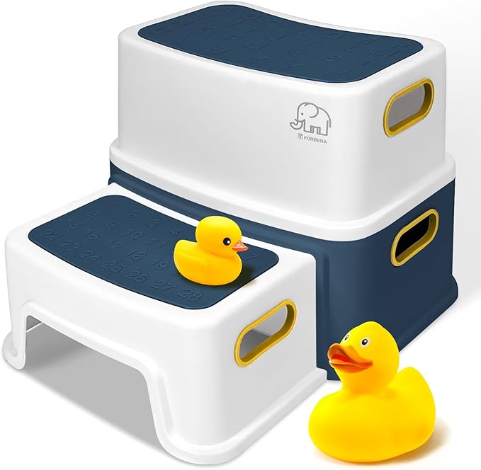 Forbena Toddler Step Stool for Bathroom Sink, Two Step Stool for Kids Toilet Potty Training, Toddlers Baby Child Kid Plastic Poop Stools with Handles for Kitchen Counter Bed (Navy Blue-Yellow)