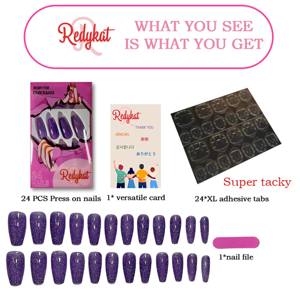 Redykat Handmade 24PCS Glossy Coffin Press On Nails, Salon Quality Nail art, Extra Long Acrylic Fake Nails, False Nails, Home Quick Manicure……… (thermochromic purple)