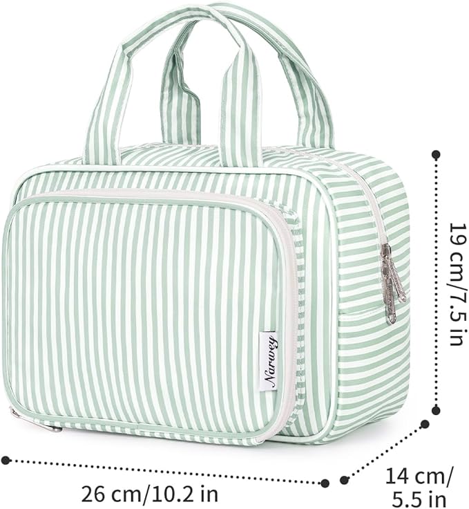 Narwey Large Travel Toiletry Bag for Traveling Women, Cosmetic Makeup Bag Make Up Organizer, Striped Travel Bag for Toiletries with Handle (Mint Green Stripe)