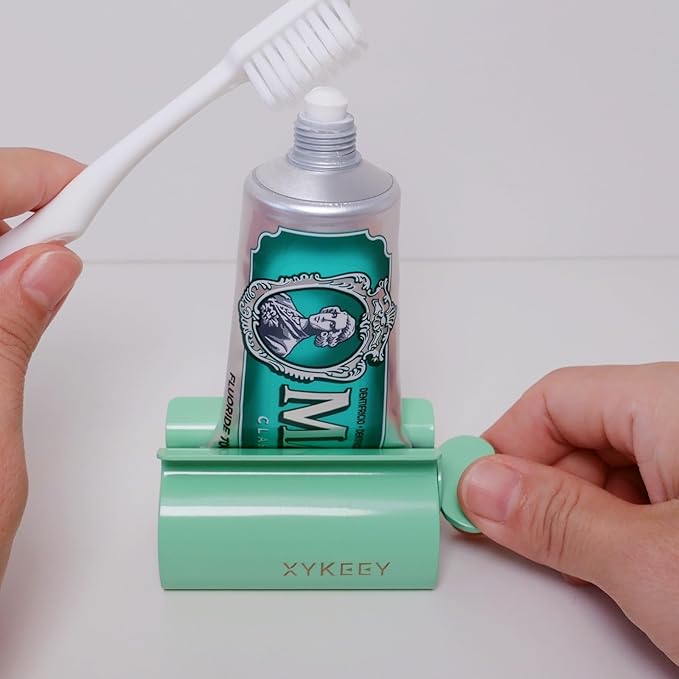XYKEEY Toothpaste Tube Squeezer - Set of 2 Toothpaste Squeezer Rollers, Metal Toothpaste Tube Wringer Seat Holder Stand (Green)