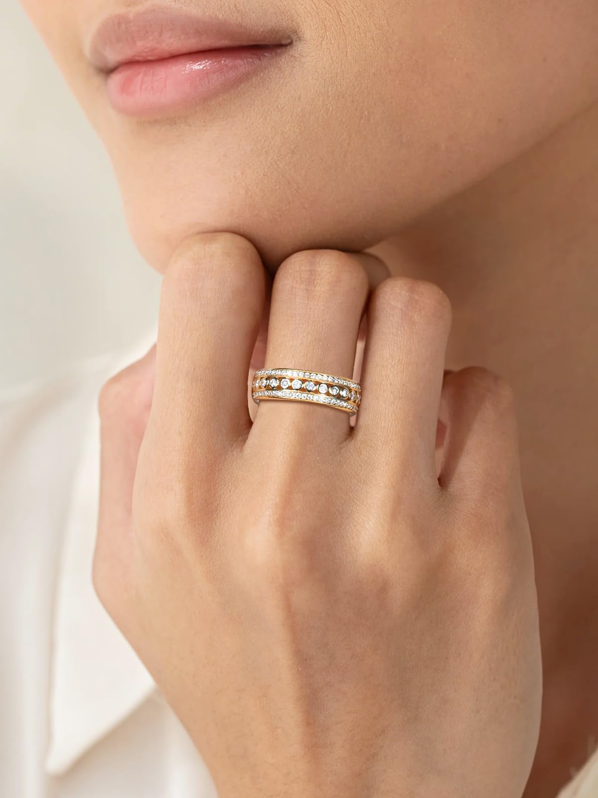 Frbod Women's Eternity Moissanite Bands Chunky Engagement Rings Hypoallergenic Gold Plated Diamond Jewelry Size 5