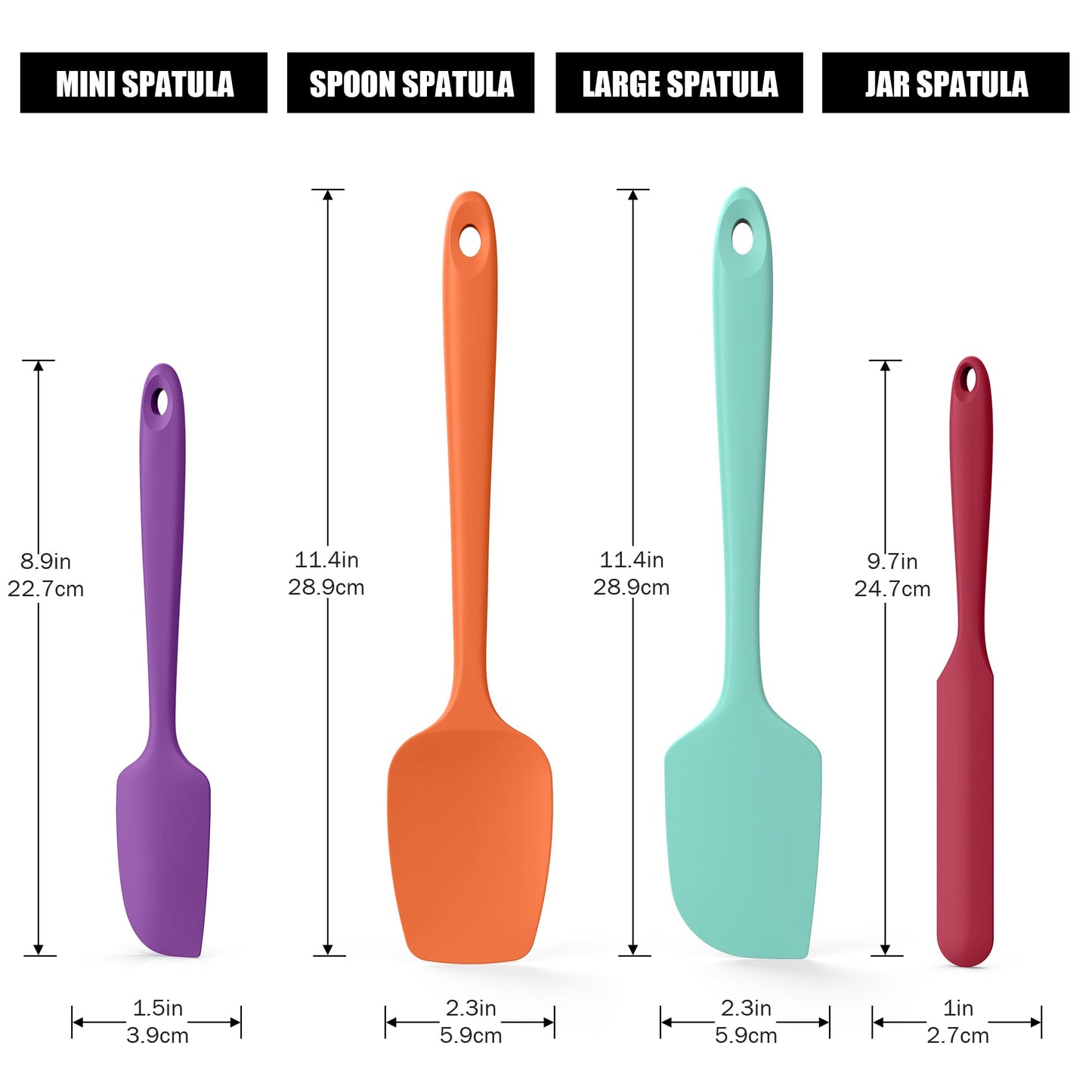 4-Piece Silicone Spatula Scrapers: Doosu 600°F Heat Resistant Food Grade Kitchen BPA Free Rubber Baking Cooking Tool Nonstick Utensil Set for Mixing, Scraping, Folding, Stirring, Serving (Multi-4)