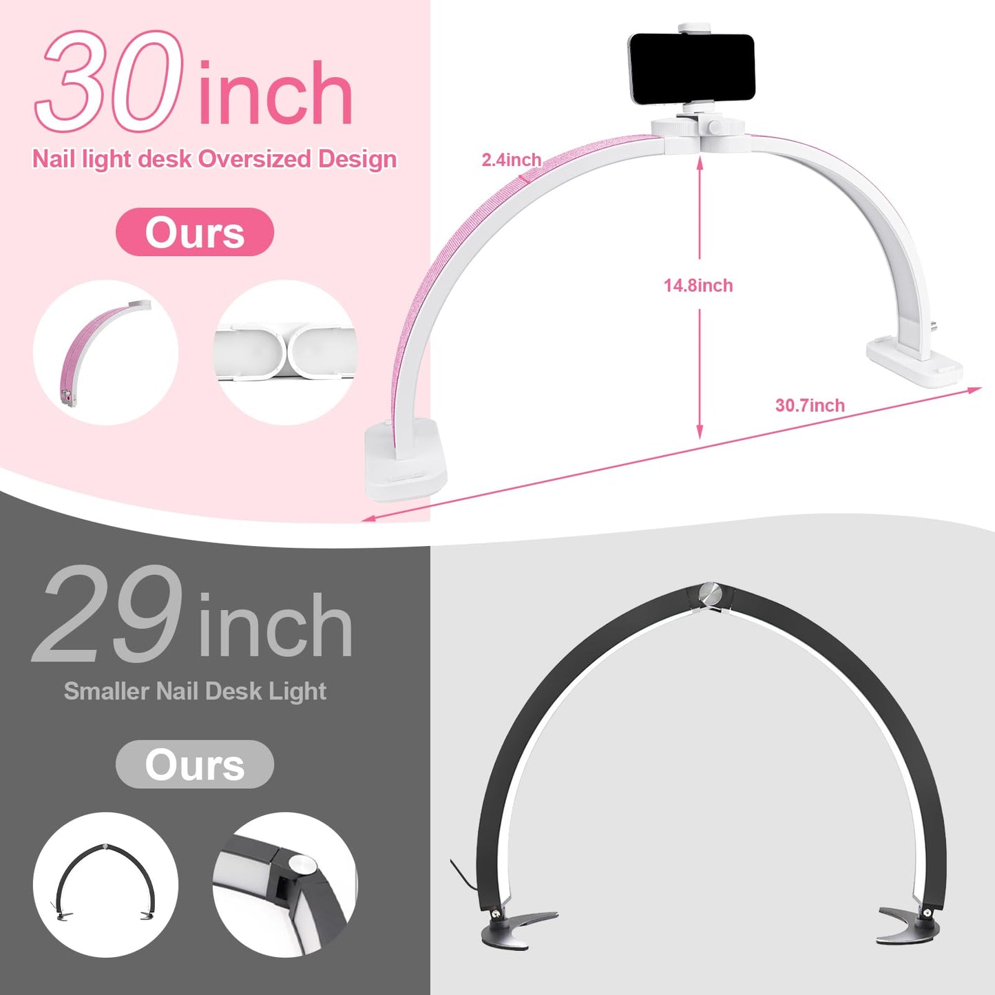 obcd Half Moon Light for Nail Desk 31" Foldable LED Nail Desk Lamp with Phone Holder, Professional Nail Tech Light for Manicure & Beauty Studio