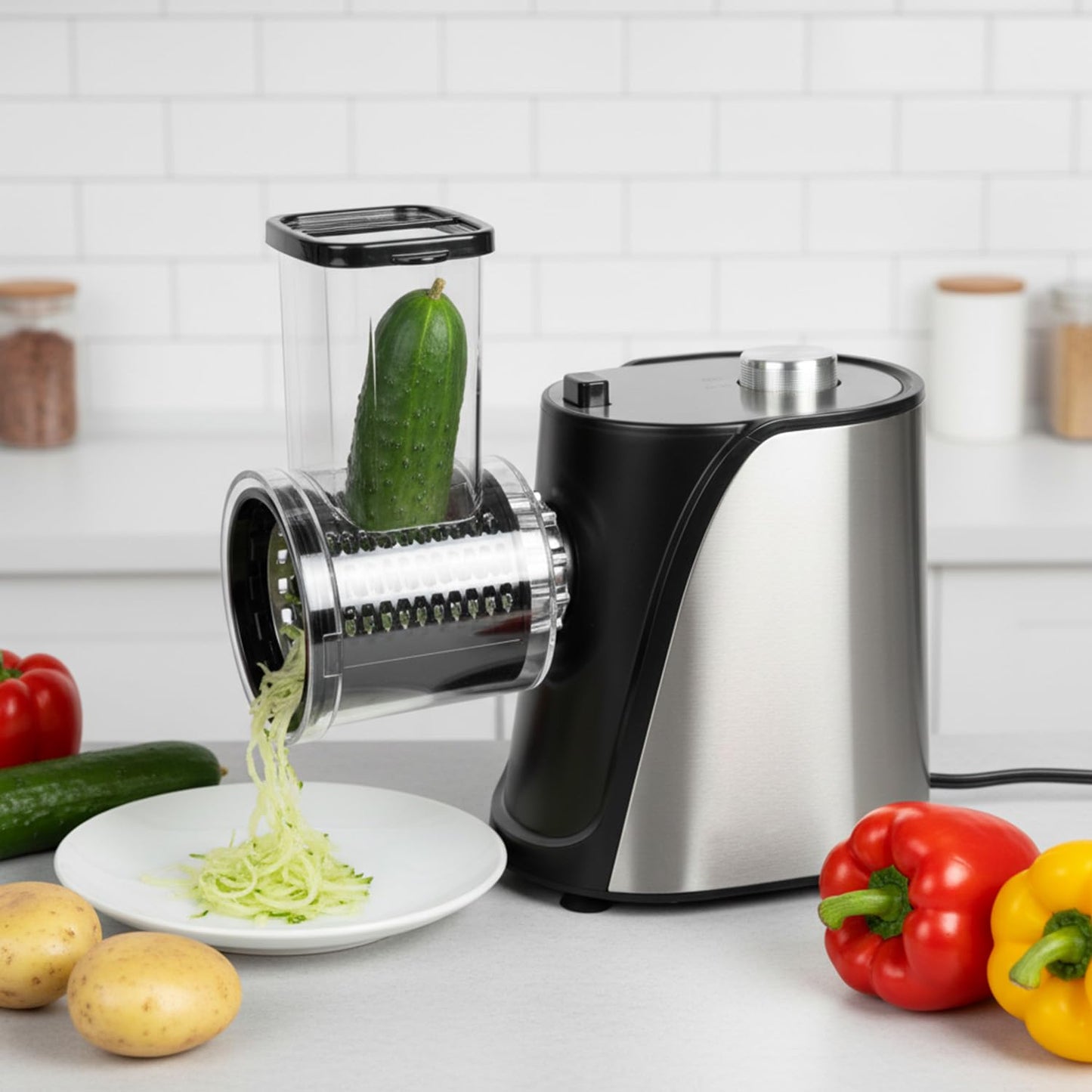 Inequalit Electric Vegetables Slicer Cheese Shredder, 5-in-1 250W Professional Automatic Salad Fruits Maker Shooter Chopper Machine Kitchen Cutter Grater Food Processor with 5 Different Blades