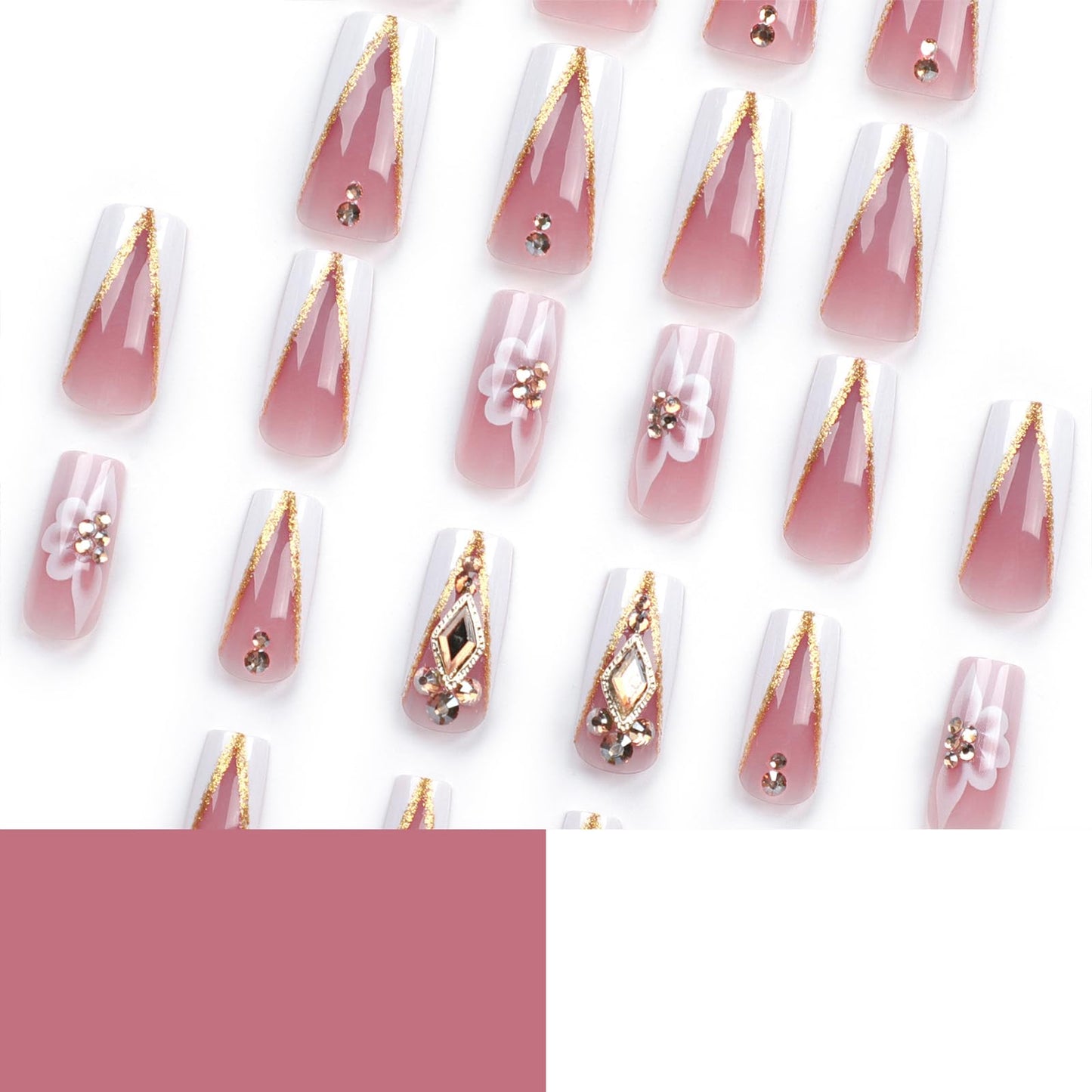 MISUD Press on Nails - Long Square Fake Nails with White French Tip, Acrylic Bling Gold Glitter Rhinestone Design 24 pcs