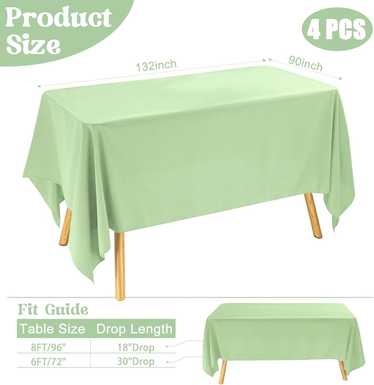 4 Pack Rectangle Tablecloth 90x132Inch Sage Green Washable Polyester Table Cover for Wedding Dining Table Buffet Parties Banquet Decoration
