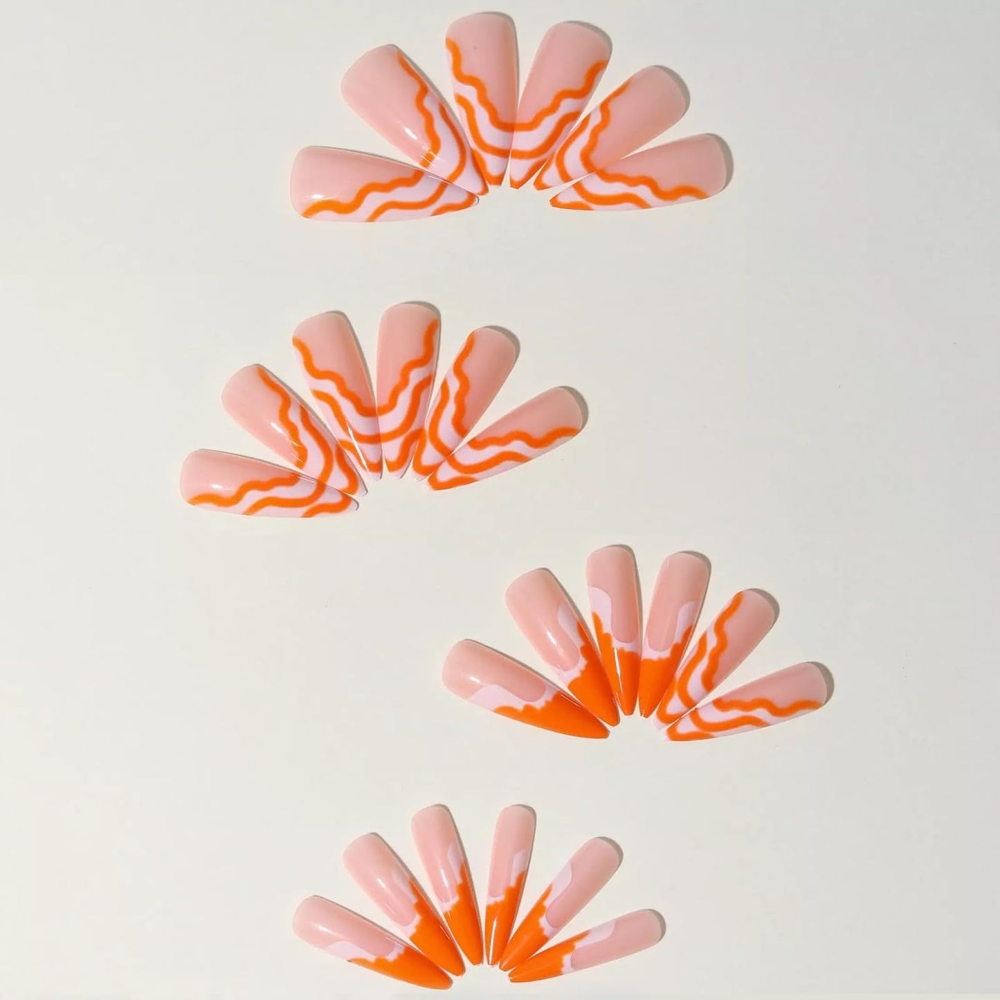 MISUD Press on Nails - Long Stiletto Glue on Nails with Orange Swirl, Acrylic Summer Design 24 pcs