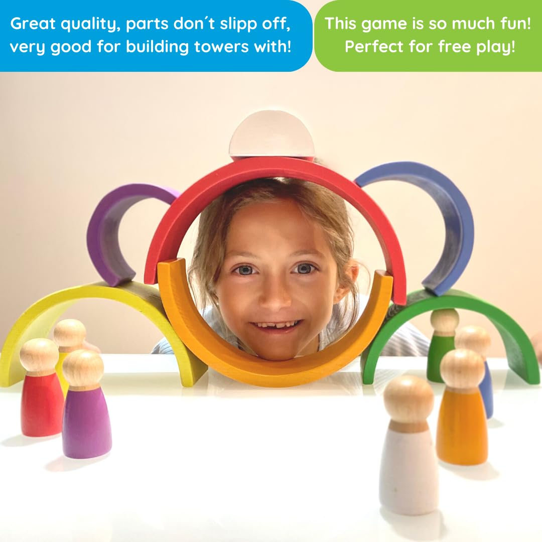Montessori Wooden Rainbow Nesting Toy: Open-Ended Wooden Stacking Set with Arches, Peg Dolls & Story Book for Emotional Intelligence & Creative Play | Ages 3+ | 16 pcs | Premium Beechwood