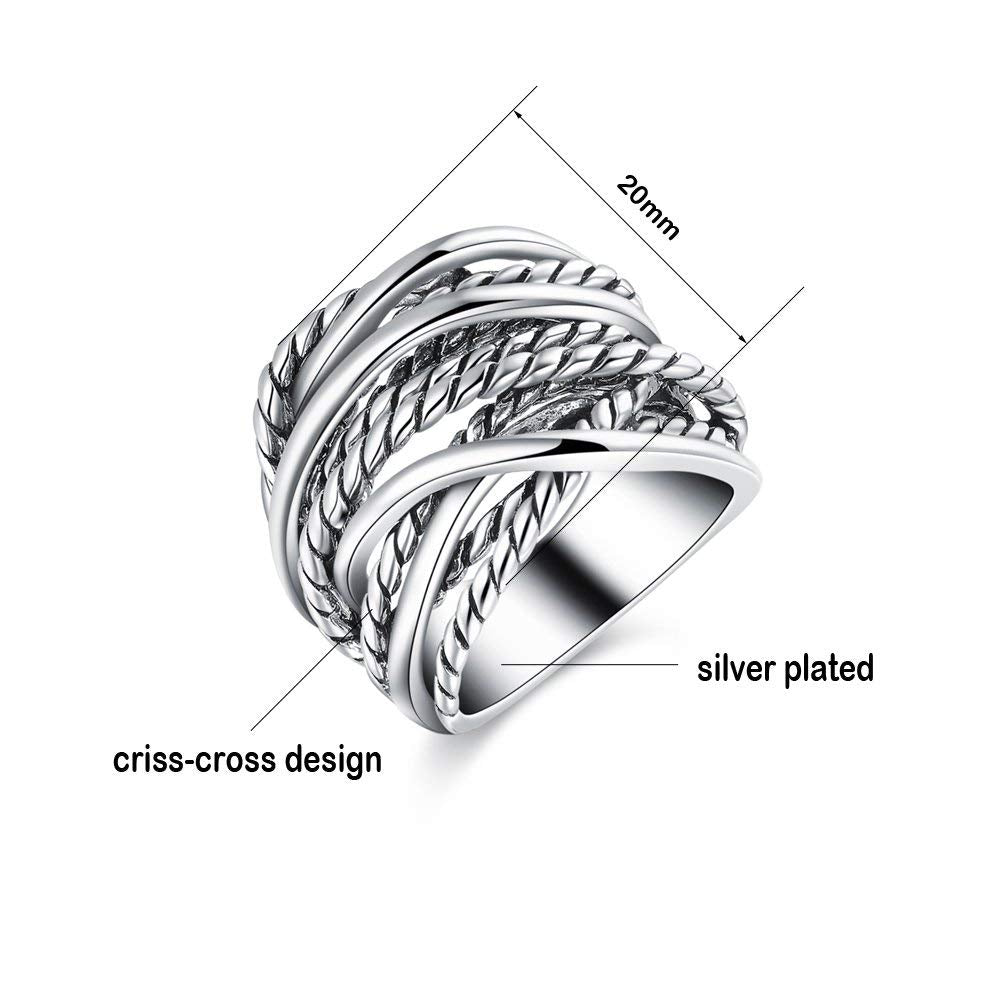 Mytys Gold and Silver Statement Rings for Women Wire Intertwined Design 14K Gold Plated Silver Band Ring Wide Index Finger Rings Costume Jewelry (Silver, 8)