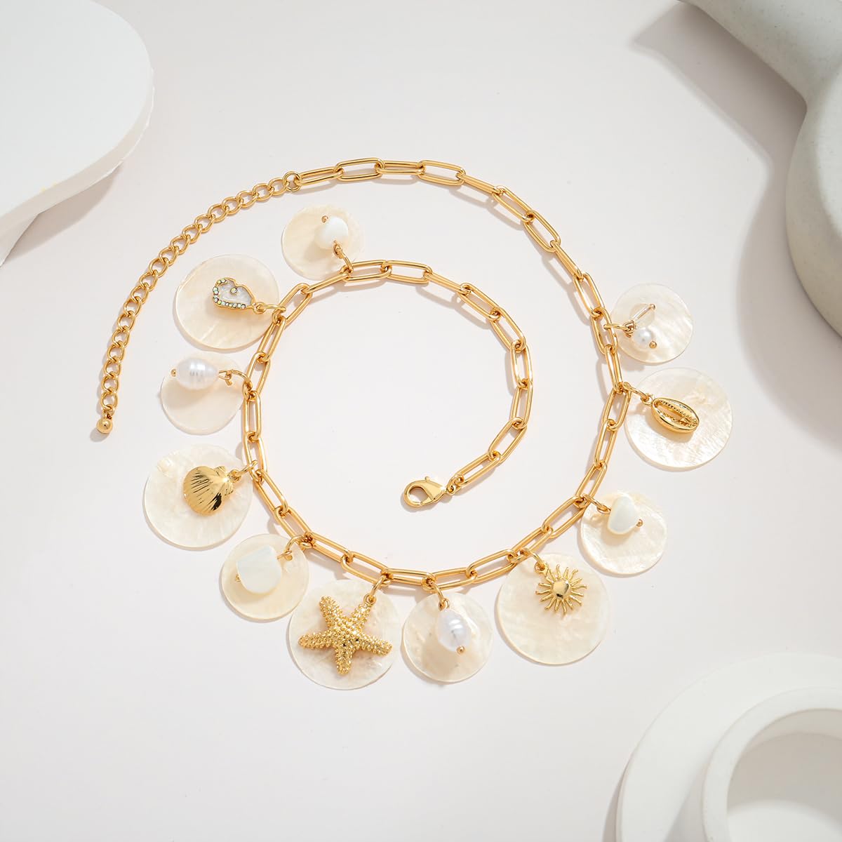 CLASSYZINT Gold Shell Pendant Necklaces Paperclip Beach Charm Necklace Adjustable Trendy Summer Necklace