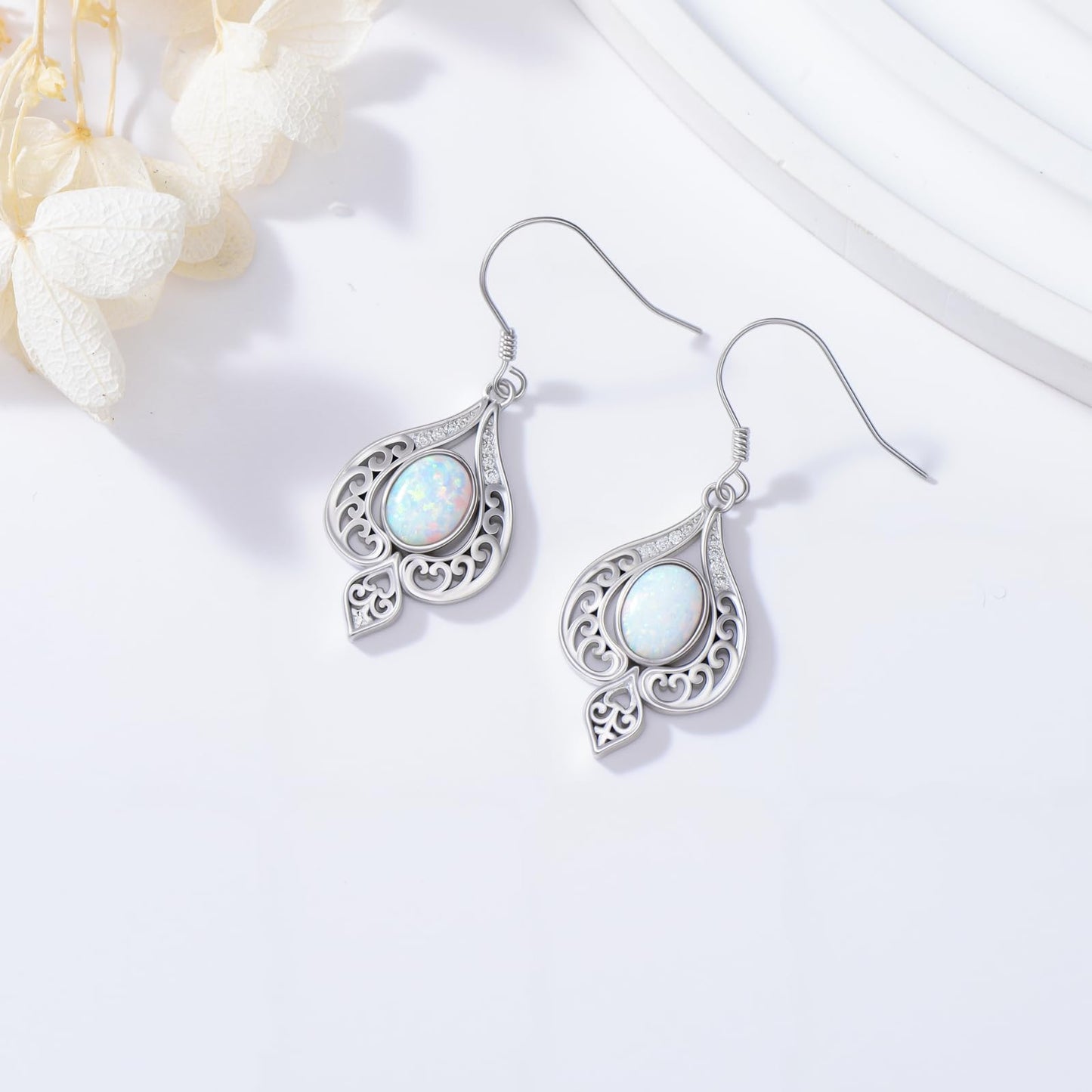925 Sterling Silver White Opal Dangle Earrings for Women Vintage Opal Hook Earrings with Genuine Diamond for Birthday Mother's Day