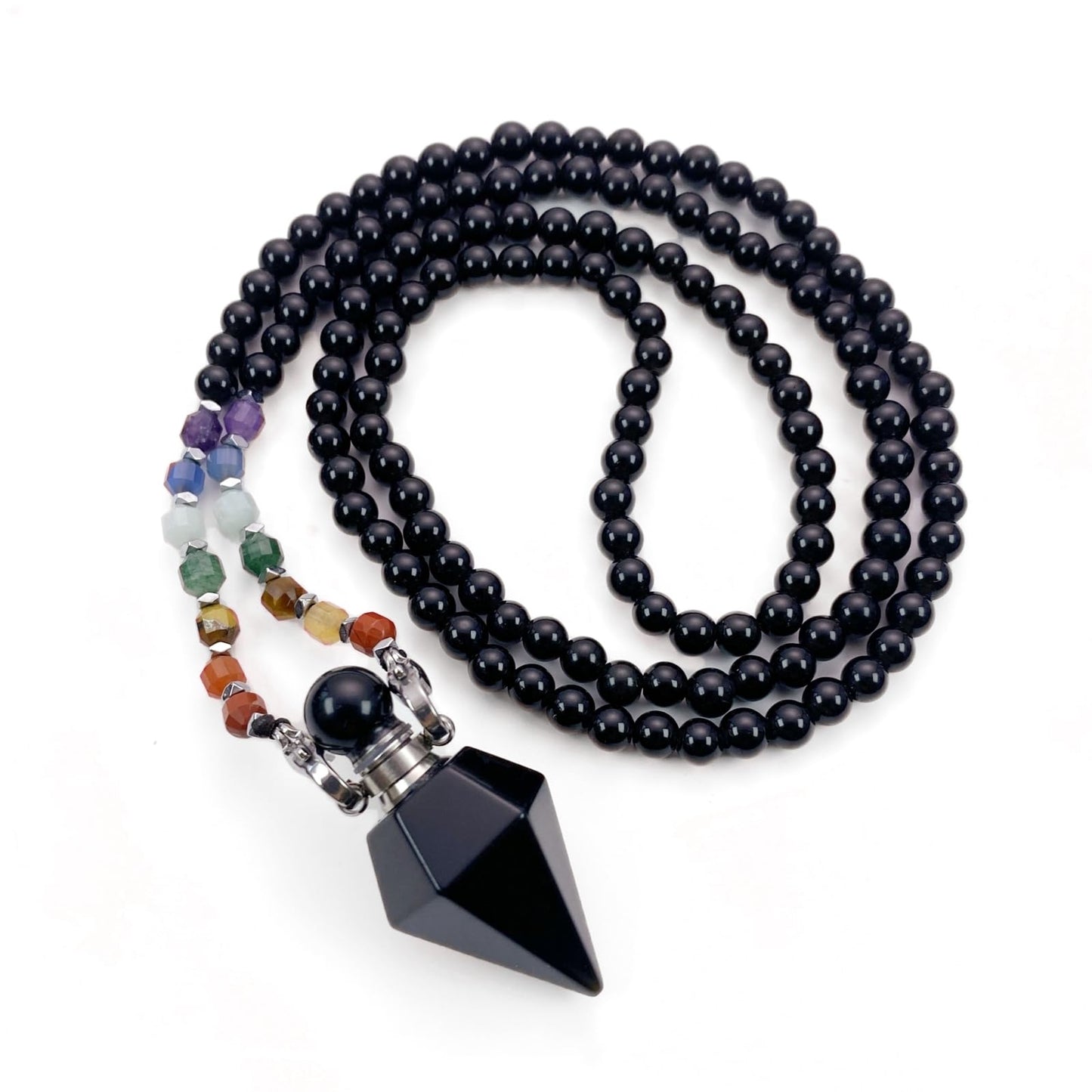 EDEN'S CALL Black Obsidian Crystal Point Perfume Bottle Pendant Necklace, 7 Chakra Crystal Bead Aromatherapy Diffuser Pendant Jewelry Gifts for Women