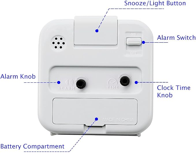 Peakeep Small Battery Operated Analog Travel Alarm Clock Silent | No Ticking, Lighted on Demand and Snooze, Beep Sounds, Gentle Wake, Ascending Alarm, Easy Set (White)