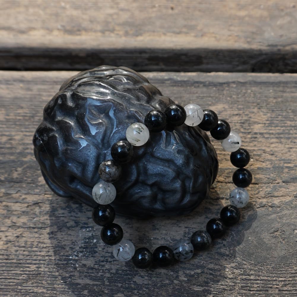 TaHLga 10MM Black Rutilated Quartz Bracelet | Natural Rutilated Quartz Gemstones | Bring Luck Wealth Courage | Protection from Evil | Gift