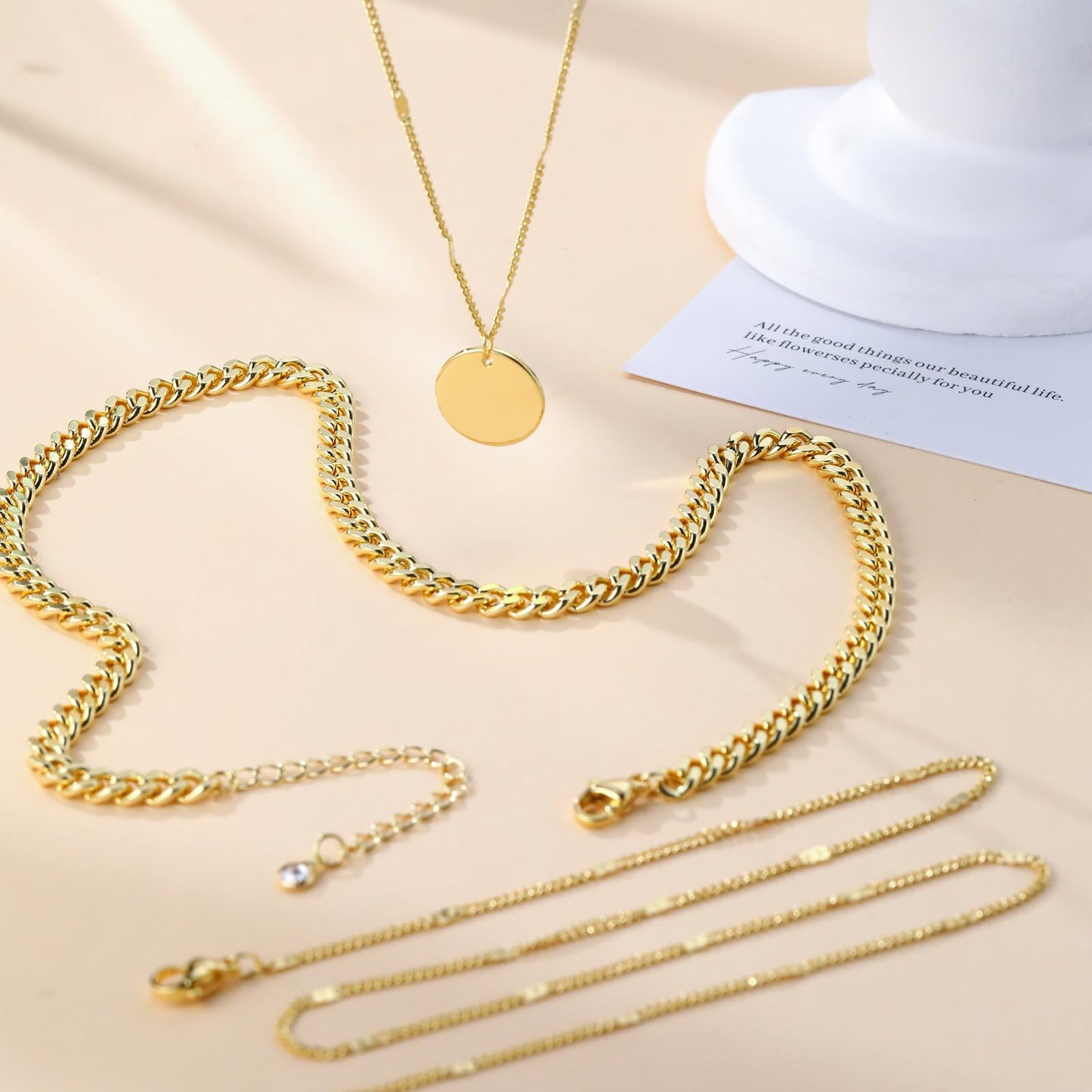 MFRYK Gold Necklaces Stack, 14K Gold Plated Simple Layered Choker Necklaces, Stackable Multilayer Disc Coin Pendant Cuban Link Chain Dot Chain Layering Necklaces Set