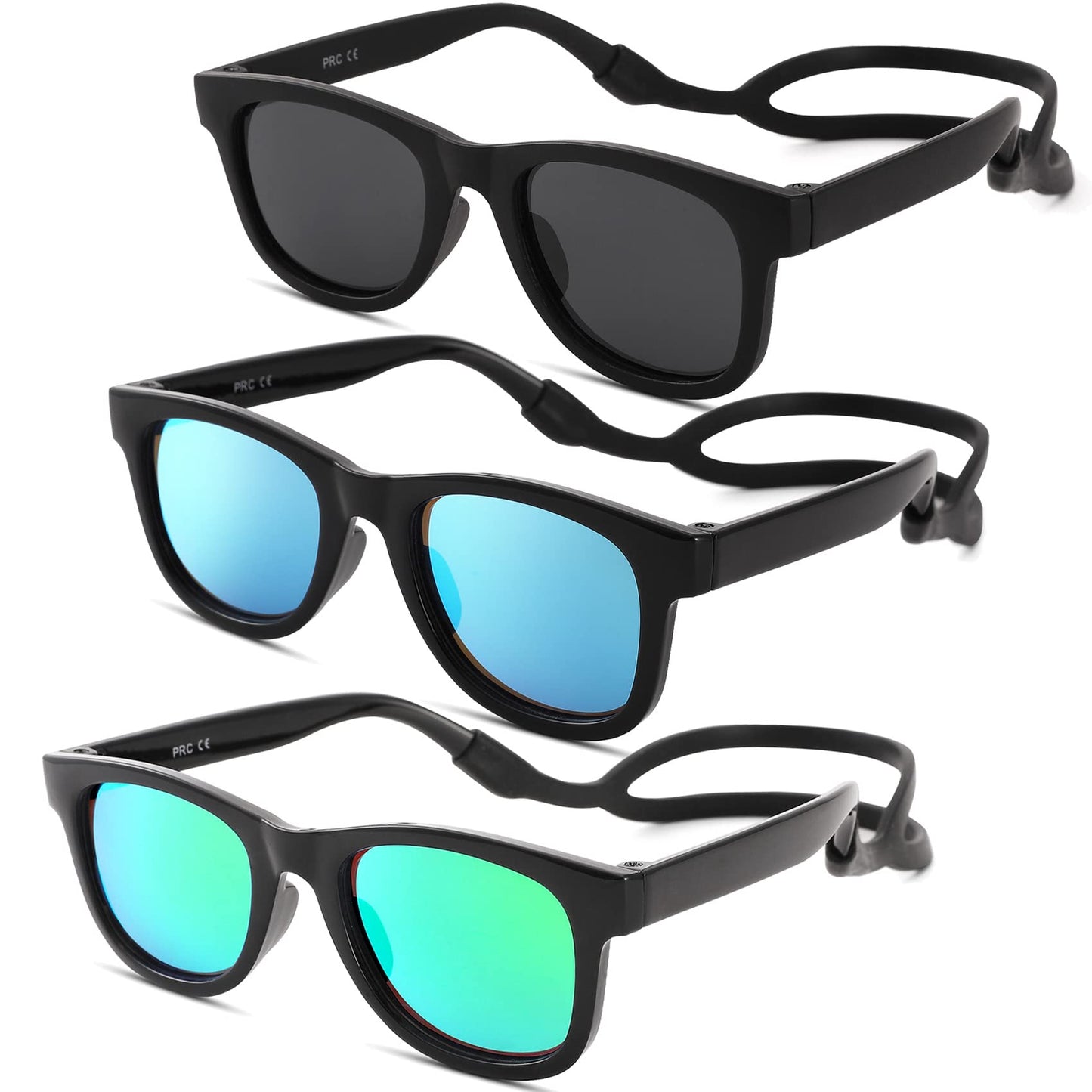 COASION 3 Pack Bendable Flexible Polarized Newborn Baby Sunglasses with Silicon Strap for Infant Boys Girls Age 0-12 Months (Black/Green Mirror + Black/Blue Mirror + Matte Black/Gray)