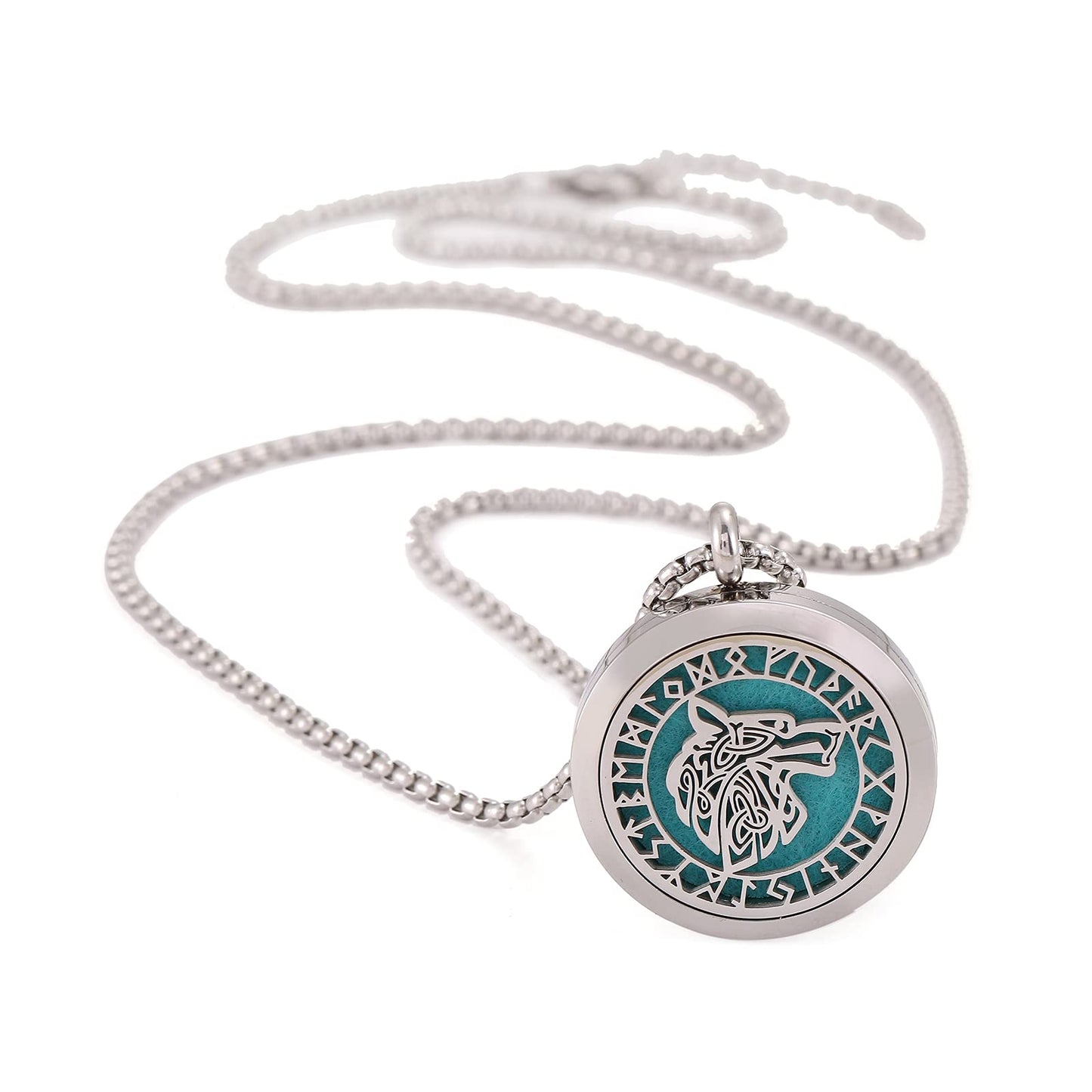 UTHOSMDO Viking Handsome Nordic Necklace with Runic Wolf Aromatherapy Essential Oil Diffuser Viking Jewelry Gift Stainless Steel Locket Pendant Necklace