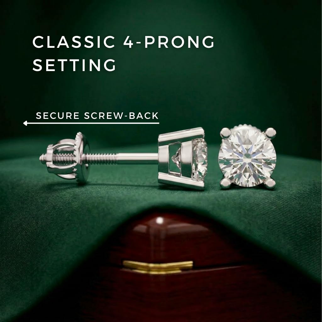 0.50 Carat Lab-Grown Round Cut Diamond Stud Earrings for Women |VS Clarity, E-F Color | 14K White Gold | 4-Prong Screw Back Secure Setting | Fine Jewelry Wedding Anniversary | Gift for Her