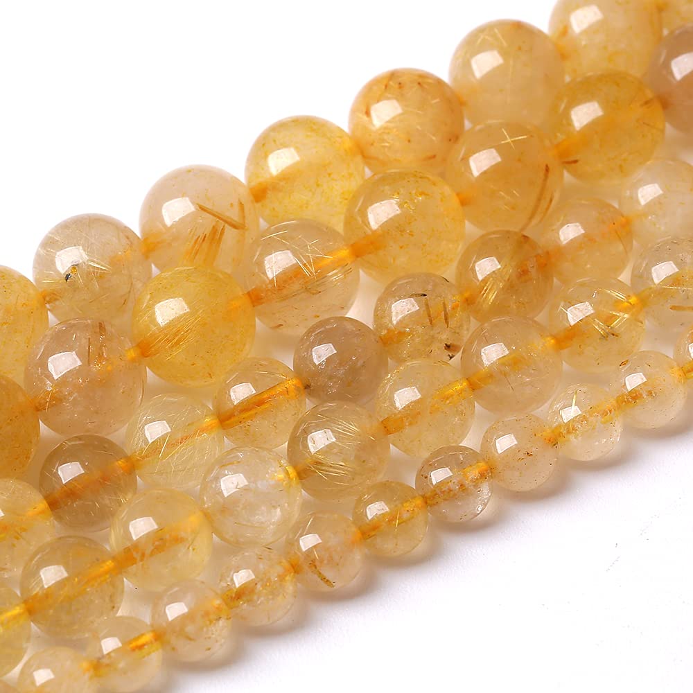 10mm 36pcs A+ Natural Gold Rutilated Quartz Crystal Stone Beads for Jewelry Making DIY Bracelet Necklace 15" Energy Healing Power Stone Beads (Gold Rutilated Quartz, 10mm)