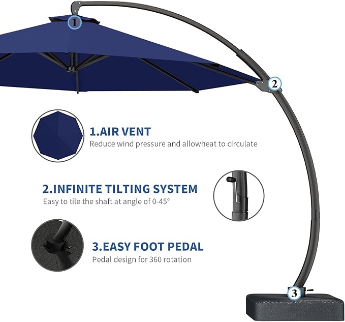 7 Piece Patio Dining Set with 11ft Patio Umbrella (Navy), 7 Black Outdoor HDPE Dining Set with 6 Chairs + 1 Large Table with 2" Umbrella Hole, for Market, Pool, Garden, Backyard, Deck