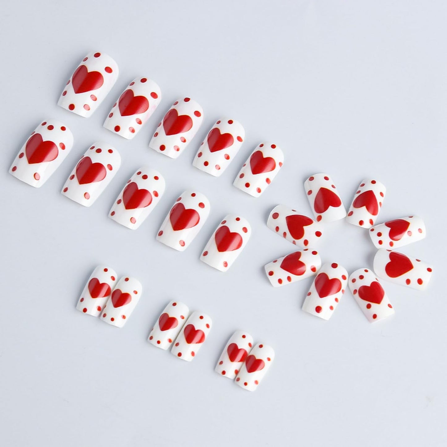 Valentine Day Press on Nail Medium Length Square Fake Nails Red Heart designs Stick on Nail Glossy Full Cover White Press ones Polka Dot Acrylic False Nails Reusable Glue on Nails for Women 24pcs