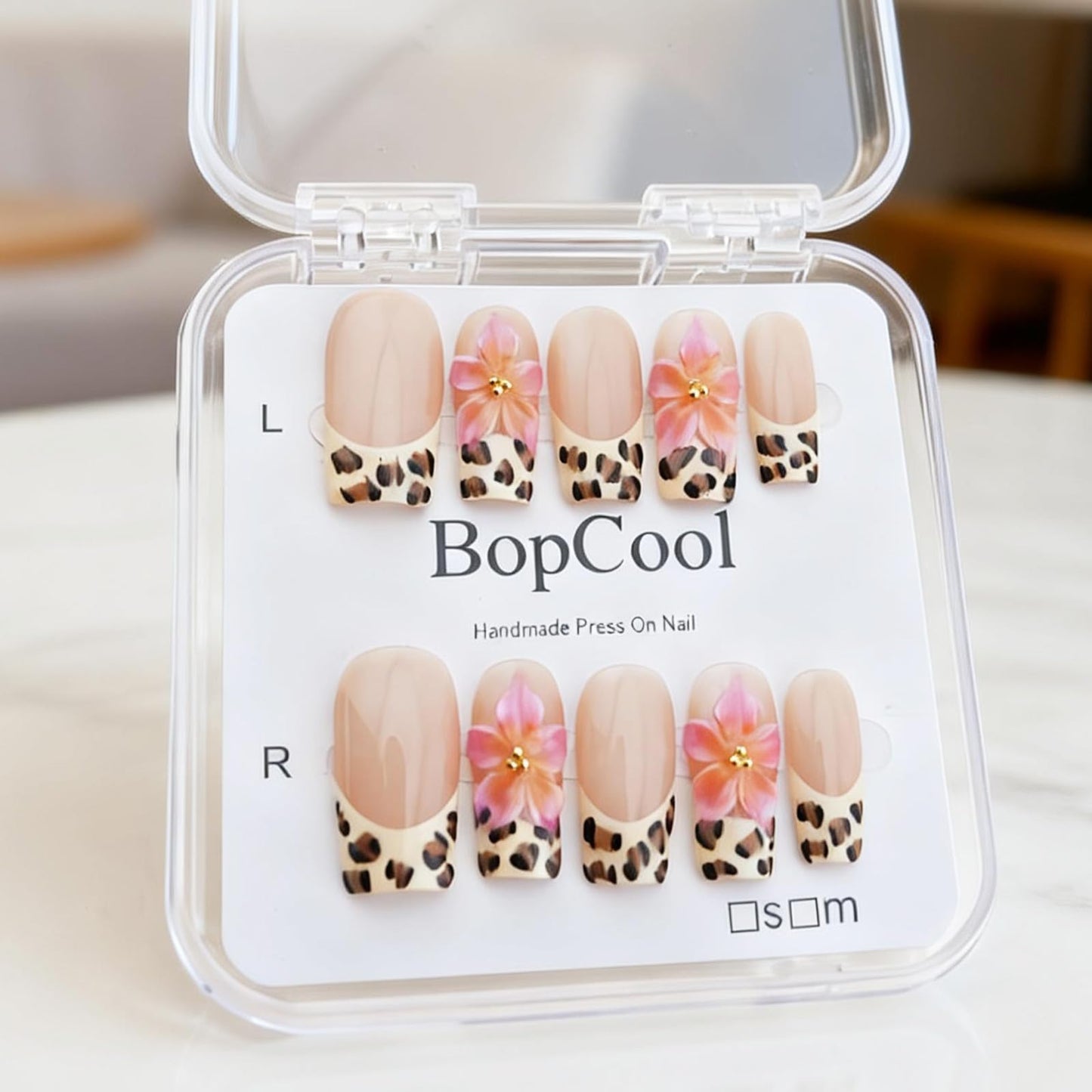 Nude Pink Handmade Press On Nails – Long Coffin French Leopard Print & Floral Rhinestone Design | Thick Acrylic Full-Coverage False Nails Spring Pattern (S-10PCS)