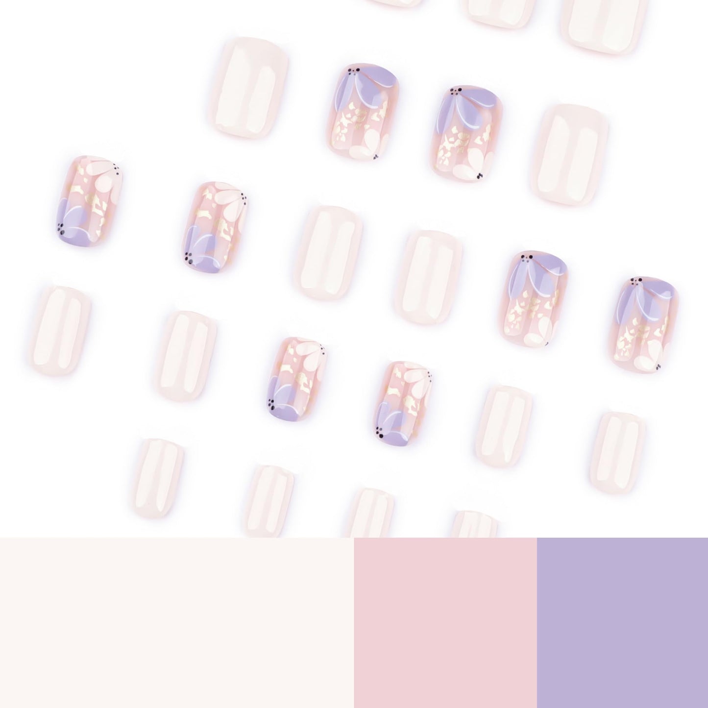 Orzolatent Nude Floral Press-On Nails – Gold Foil Accents, Elegant Design, Lightweight & Easy DIY, 12 Sizes 24Pcs