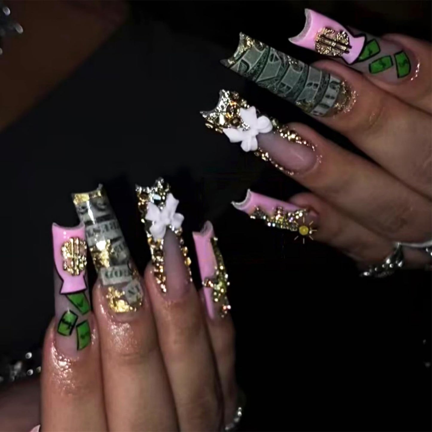 MISUD Press on Nails - Extra Long Square Glue on Nails with French Tip, Acrylic Dollar Money Design 24 pcs
