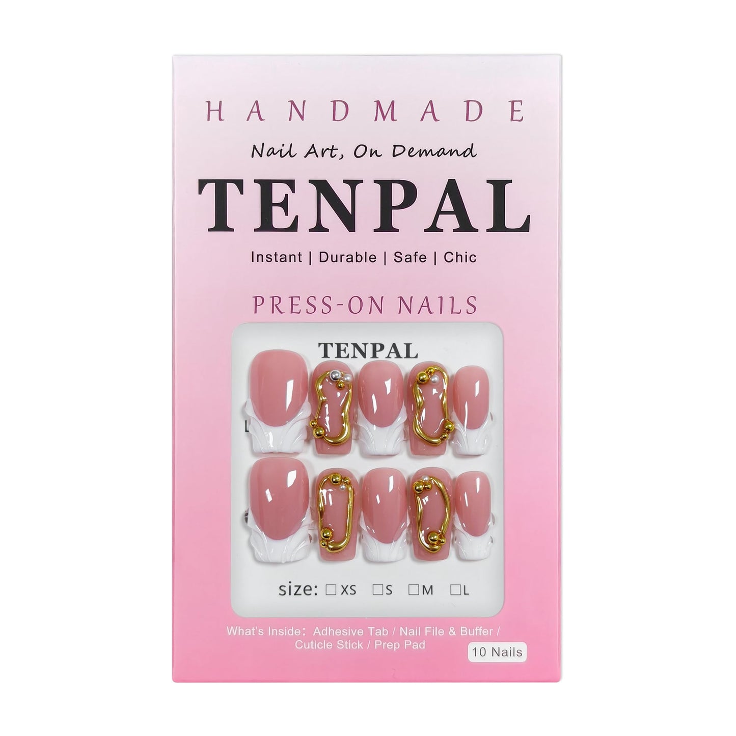 TENPAL Sheer Handmade French Tips Press on Nails Long Square 3D Embossed White Tip Nude Pink Fake Nails for Parties Daily Modern Minimalist Glossy False Nails for Women Gifts 10pcs(M)