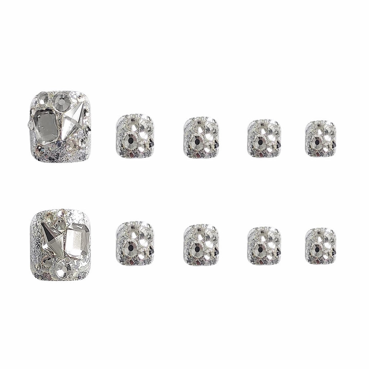 MISUD Press on Toenails - Fake Toe Nails with Bling Silver Glitter, Acrylic Sparkly Rhinestone Design 24 pcs