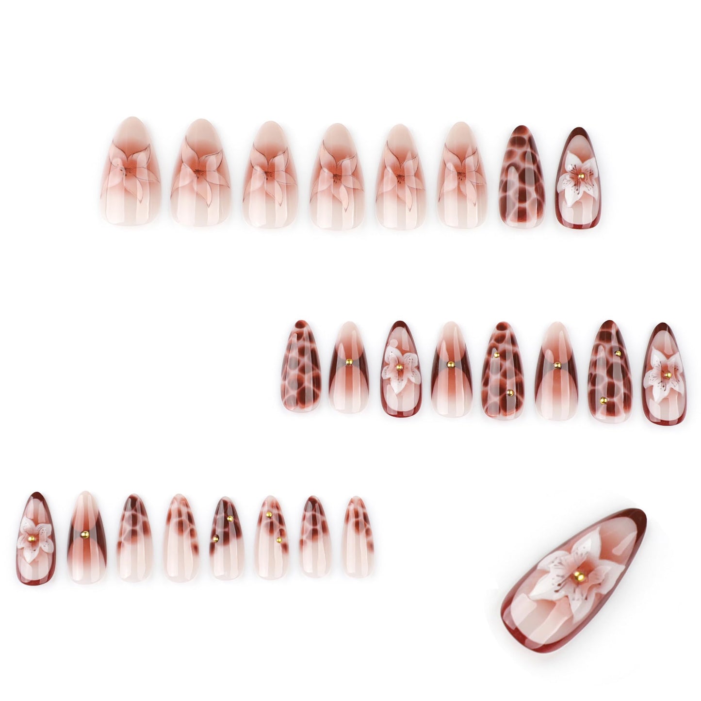 CTTHNBD Press on Nails Almond - Medium Fake Nails with Flower Pattern Design - Brown Ombre False Nails Press Ons - for Women Manicure 24 Pcs