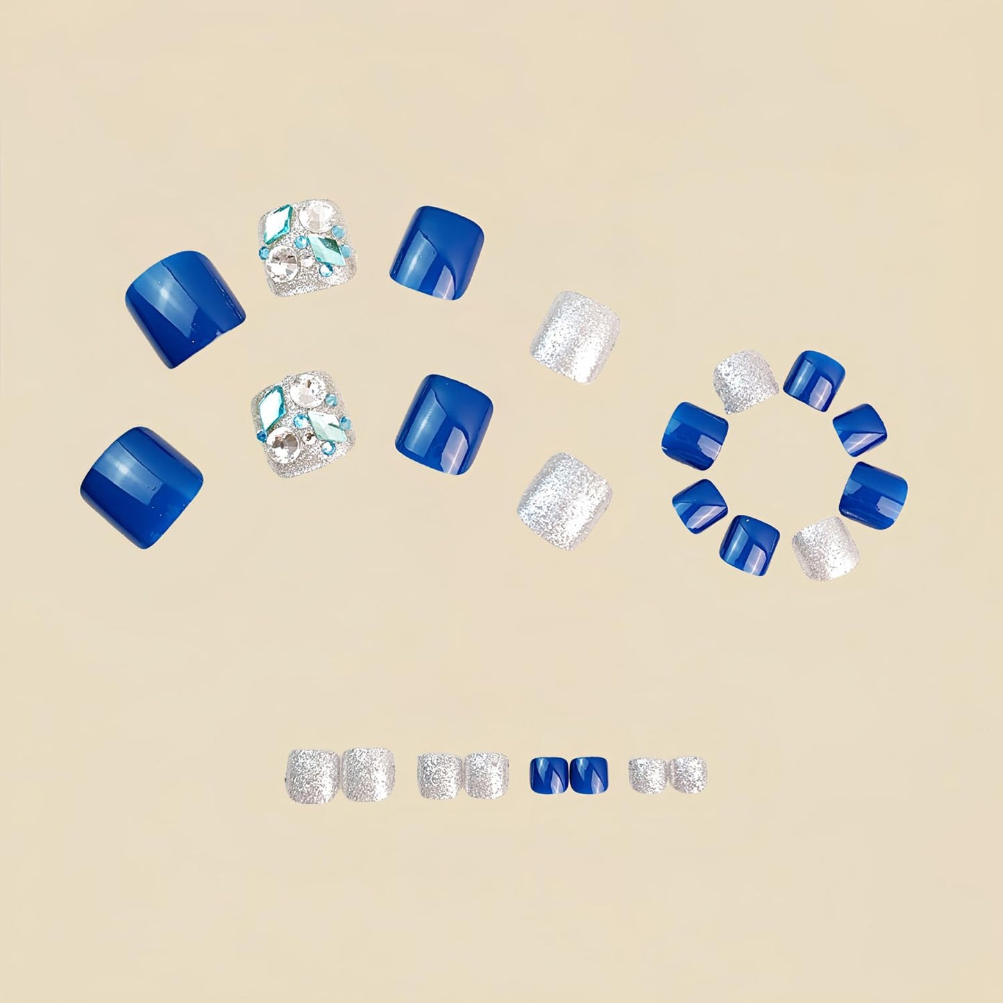 FIEONCIY 24pcs Press-on Square Acrylic False Nails Set with Glue, Blue Rhinestone Pattern, Full Cover, French Style, Spring & Summer, Multicolor, Women's Nails