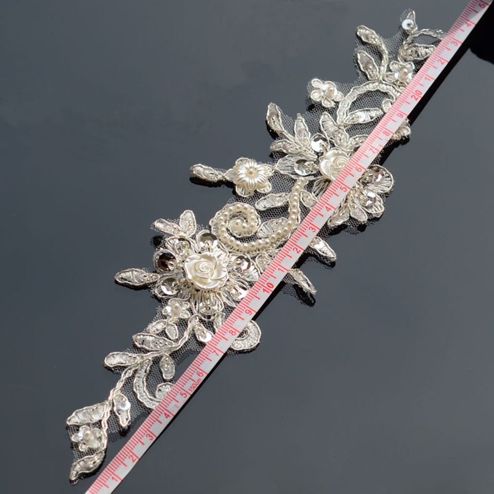 Bling Paillette Rhinestones Lace Appliques Pearl Beaded Bridal Applique Sewing Patch for DIY Wedding Belt Shoes Ivory (2 Pieces)