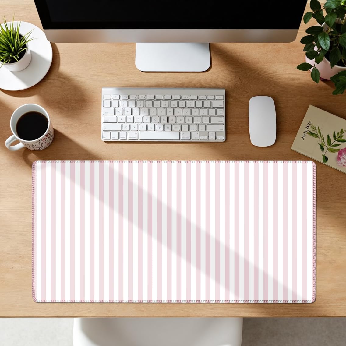 ohisxiacy Light Pink Striped Desk Mat Cute Pastel XXL Large Gaming Mouse Pad Desk Pad Kawaii Cozy Aesthetic Keyboard Laptop Computer Mat Home Office Decor for Women