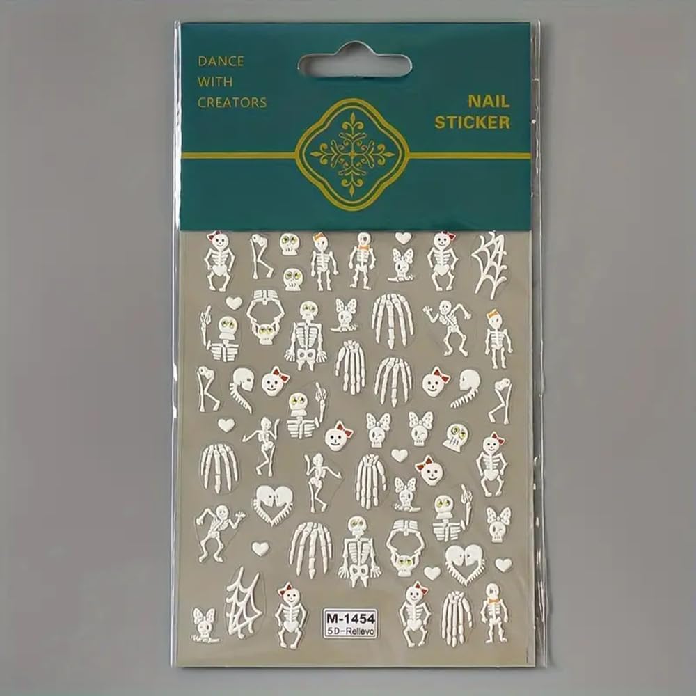 2 Sheets Halloween 5D Embossed Nail Art Stickers - Skeleton, White Skull Nail Stickers with Spider Web Heart Design - Self-Adhesive Horror Decals for Women - Art Supplies and Decorations
