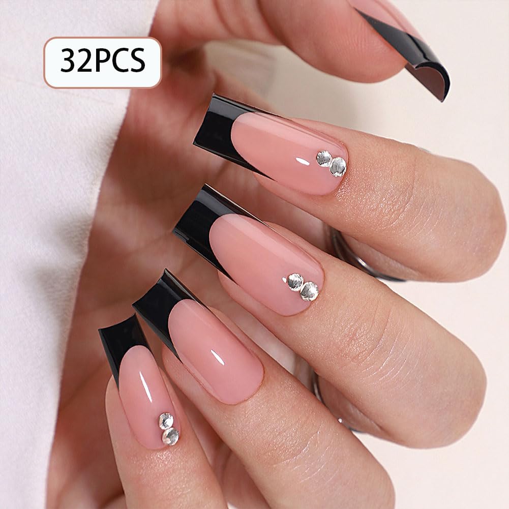 WAFOLOZE Black French Tip Press On Nails - Long Press On Nails Square Fake Nails with Two Crystal Diamonds, Artificial Nails 16 Sizes - 32Pcs False Nails Tips Kit, Stick On Nails for Women