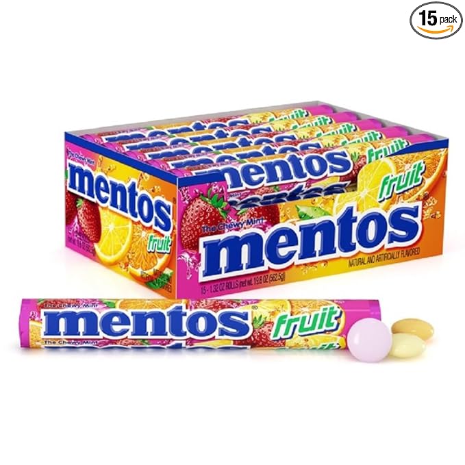 Mentos Chewy Mint Candy Roll, Fruit Mint Candies, 14 Pieces Per Roll, 15 Count Party Pack