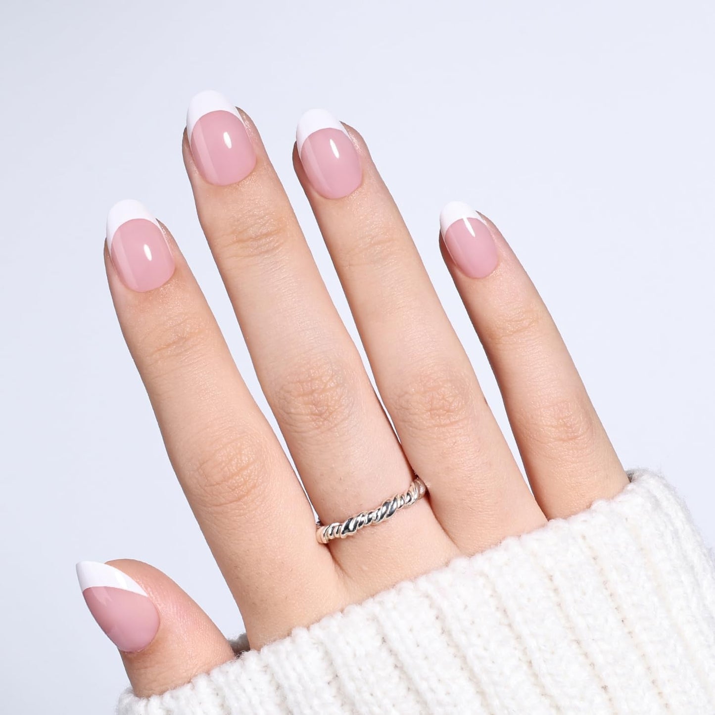 French Tip Press On Nails Short Almond - Soft Pink Base French Fake Nails with White Tips, Natural Oval Press On Nails Kit, Reusable Glue On Nails, 32pcs in 16 Sizes Nails Press ons, Blush French