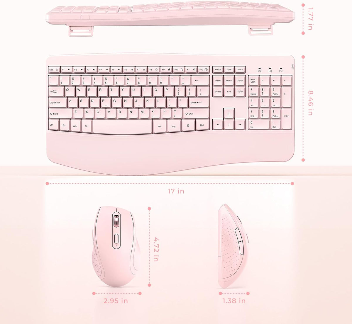 Wireless Keyboard and Mouse - Full Size Ergonomic Keyboard with Palm Wrist Rest Ergonomic Mouse Cordless for Windows Computers Laptops - Light Pink (Upgrade)