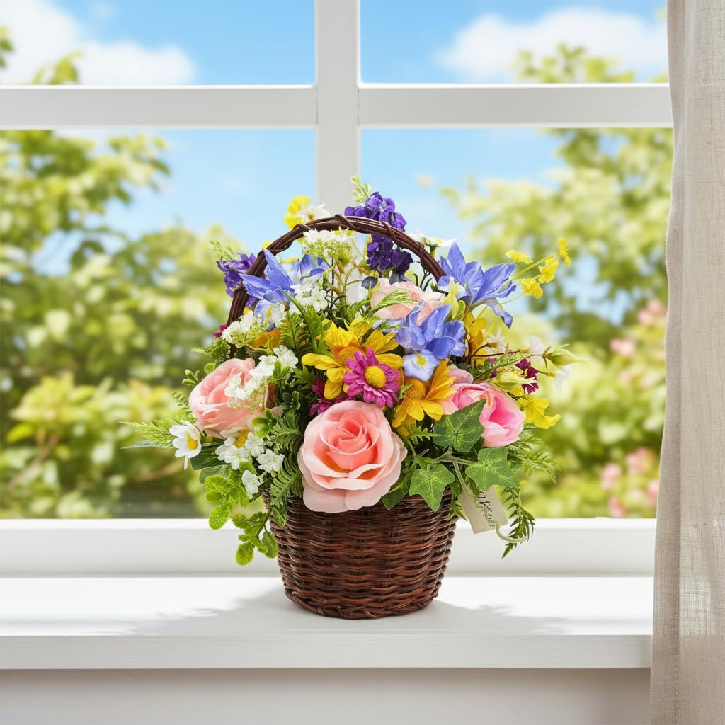 Lnymura Pre-lit Spring Summer Rose Flower Basket with Timer 13 Inch Rustic Floral Arrangement Table Centerpiece with Wildflower, Roses, Daisies and 10 Warm White LEDs for Home Kitchen Decor