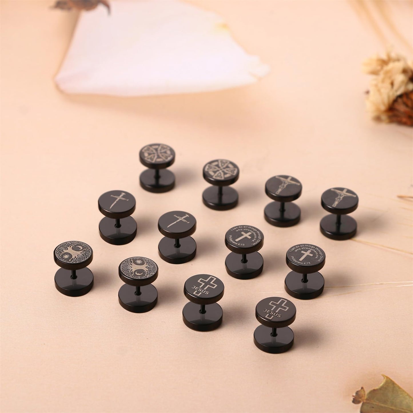 6 Pairs 8MM Mens Stainless Steel Wood Stud Earrings,Cupimatch Ear Piercing Plugs Tunnel Earrings for Fathers Day